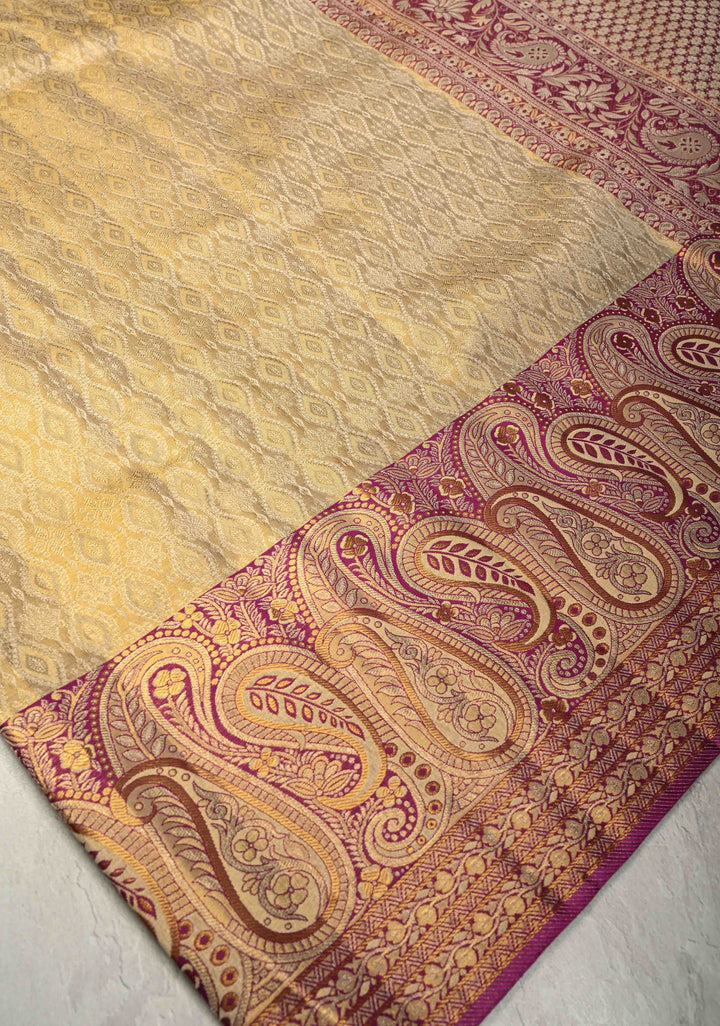 Beige Pure Kanjivaram Tissue Silk Saree with Meenakari Brocade Jaal and Contrast Pashmina Style Zari Border | SILK MARK CERTIFIED