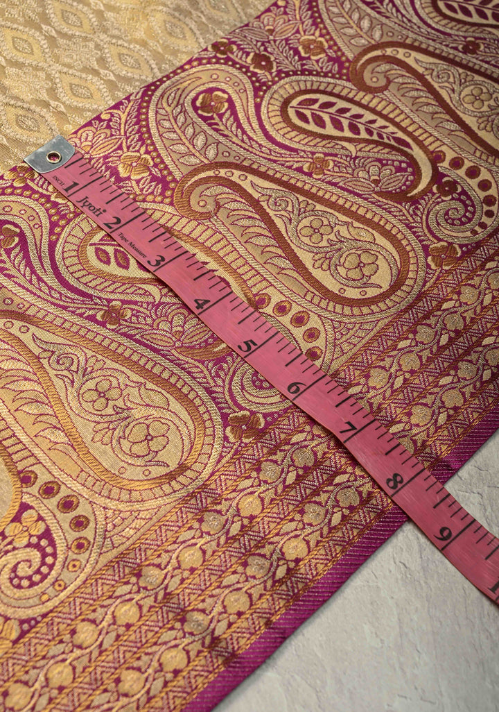 Beige Pure Kanjivaram Tissue Silk Saree with Meenakari Brocade Jaal and Contrast Pashmina Style Zari Border | SILK MARK CERTIFIED