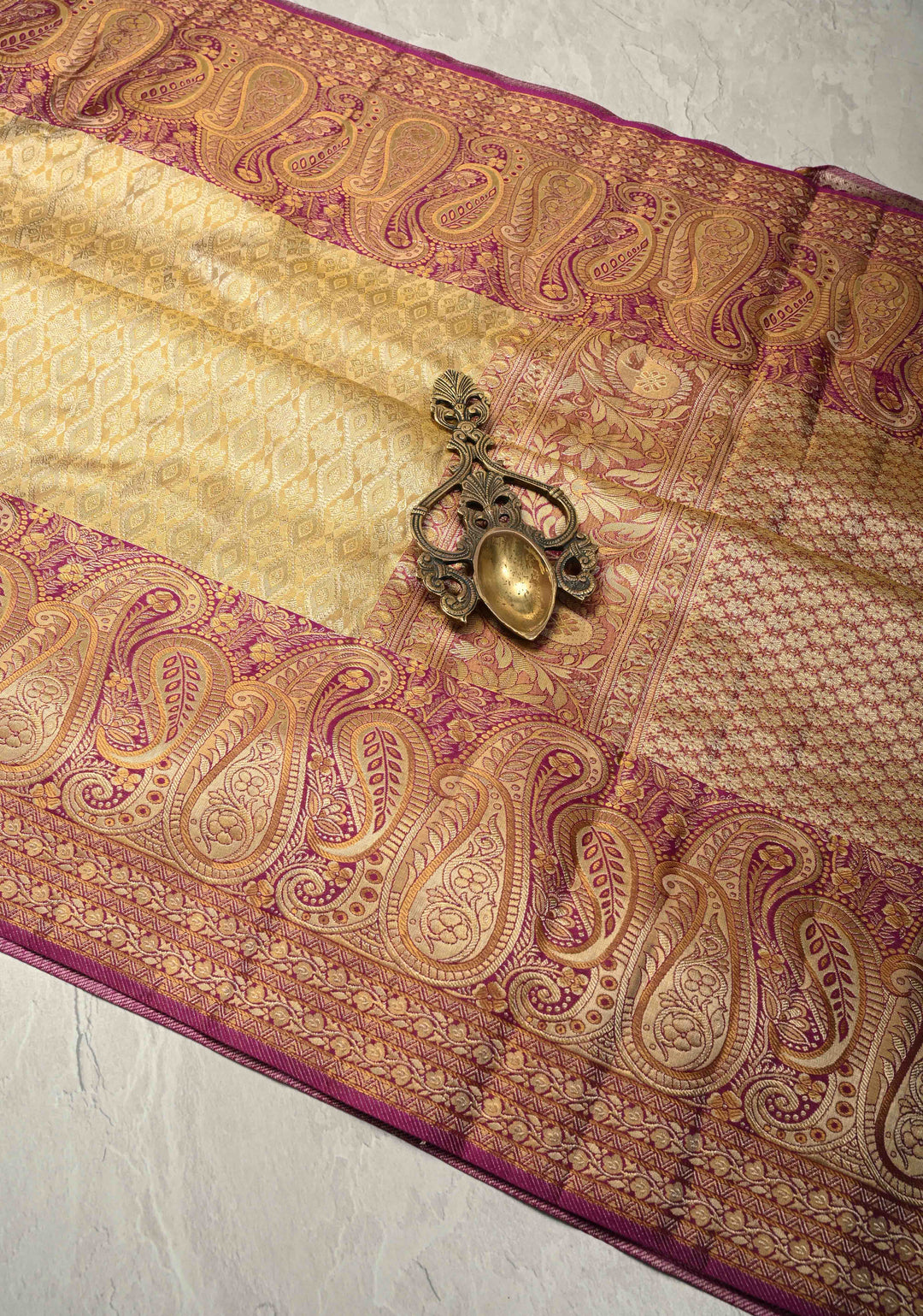 Beige Pure Kanjivaram Tissue Silk Saree with Meenakari Brocade Jaal and Contrast Pashmina Style Zari Border | SILK MARK CERTIFIED