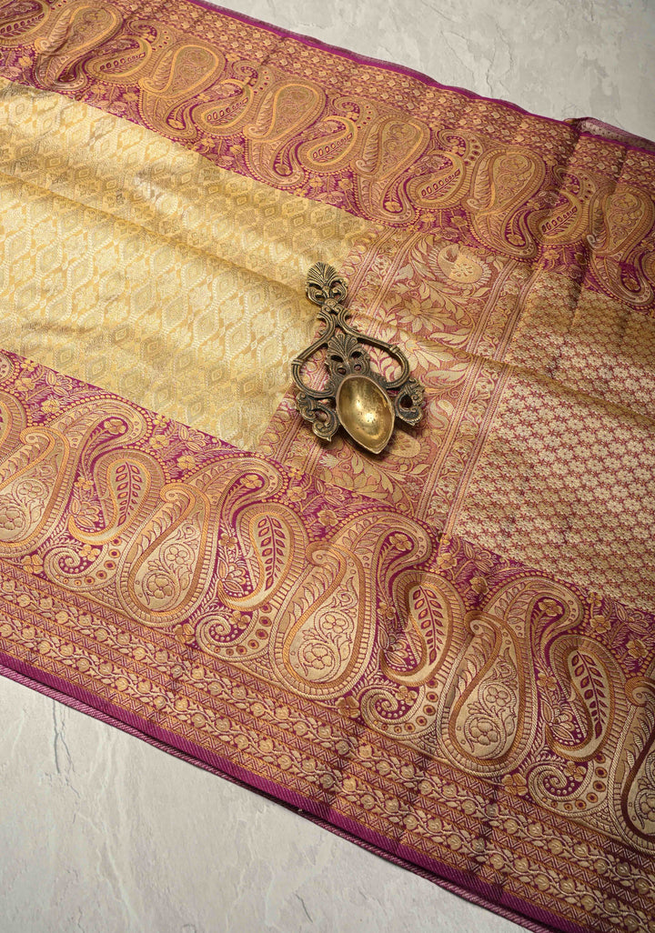 Beige Pure Kanjivaram Tissue Silk Saree with Meenakari Brocade Jaal and Contrast Pashmina Style Zari Border | SILK MARK CERTIFIED