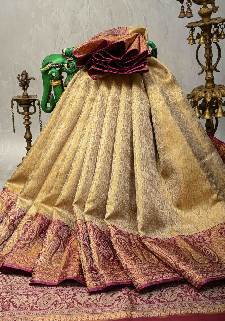 Beige Pure Kanjivaram Tissue Silk Saree with Meenakari Brocade Jaal and Contrast Pashmina Style Zari Border | SILK MARK CERTIFIED