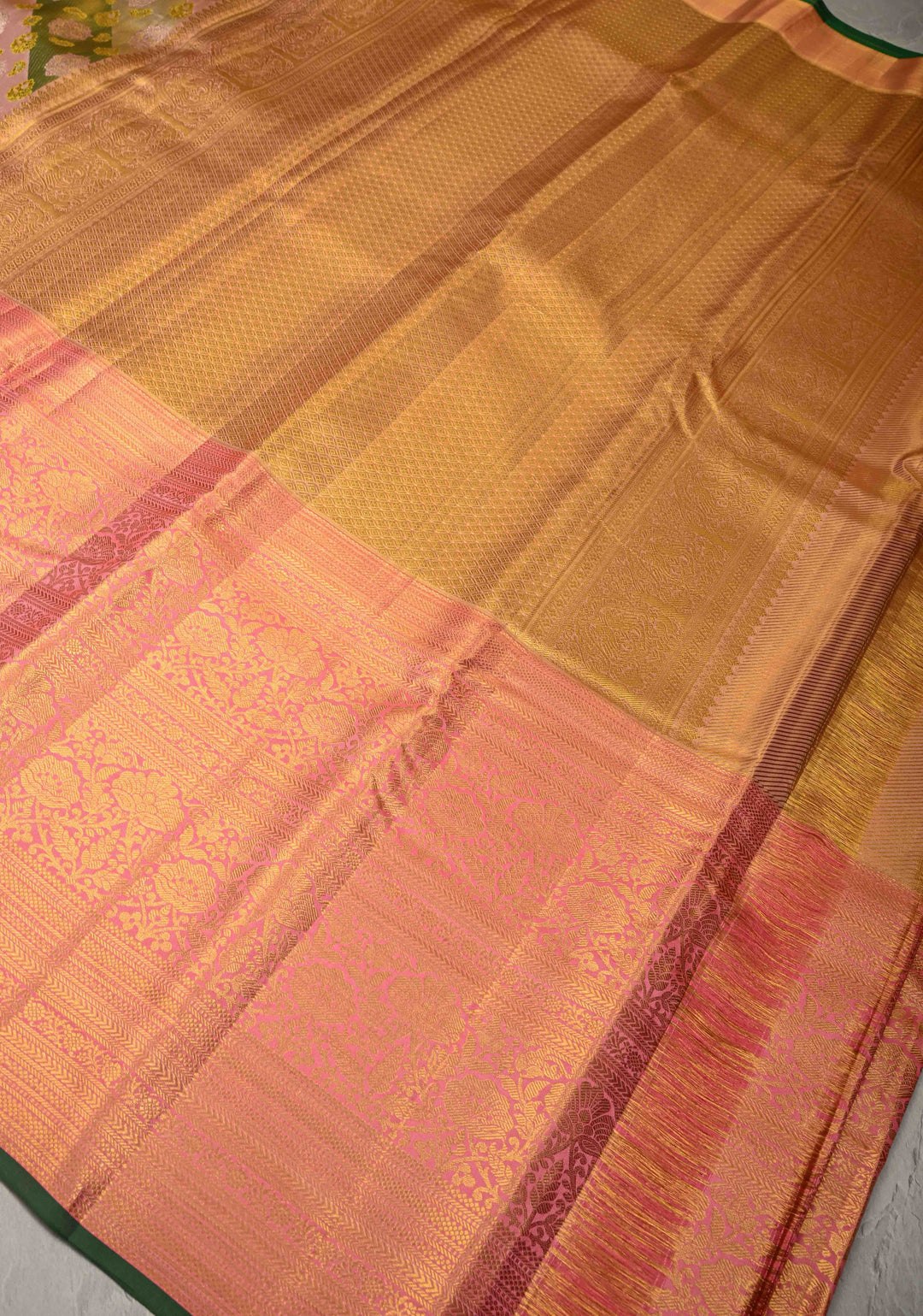 Pink-Green-Gold Rangkaat Style  Pure Kanjivaram Tissue Silk Saree with Diagonal Pattern and Wide Zari Border | SILK MARK CERTIFIED
