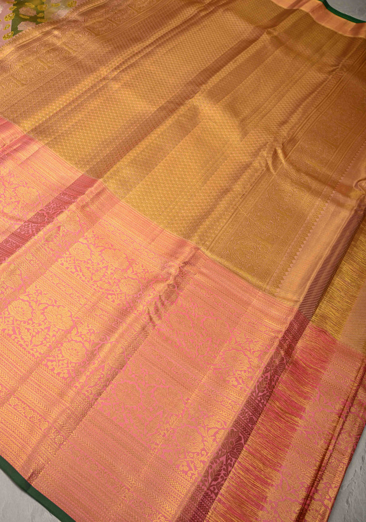 Pink-Green-Gold Rangkaat Style  Pure Kanjivaram Tissue Silk Saree with Diagonal Pattern and Wide Zari Border | SILK MARK CERTIFIED