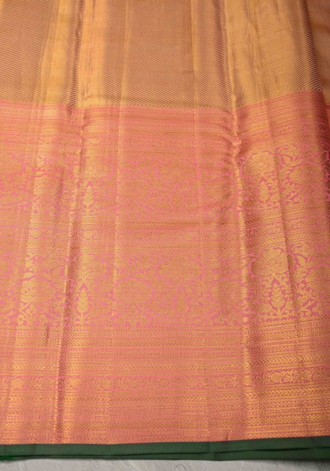 Pink-Green-Gold Rangkaat Style  Pure Kanjivaram Tissue Silk Saree with Diagonal Pattern and Wide Zari Border | SILK MARK CERTIFIED