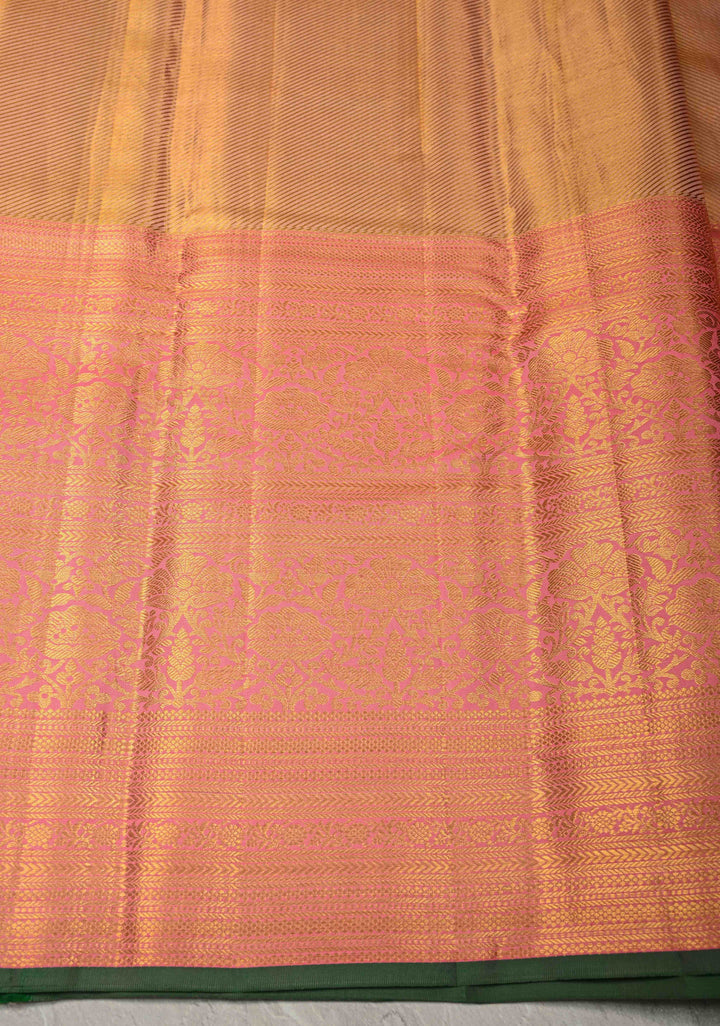 Pink-Green-Gold Rangkaat Style  Pure Kanjivaram Tissue Silk Saree with Diagonal Pattern and Wide Zari Border | SILK MARK CERTIFIED