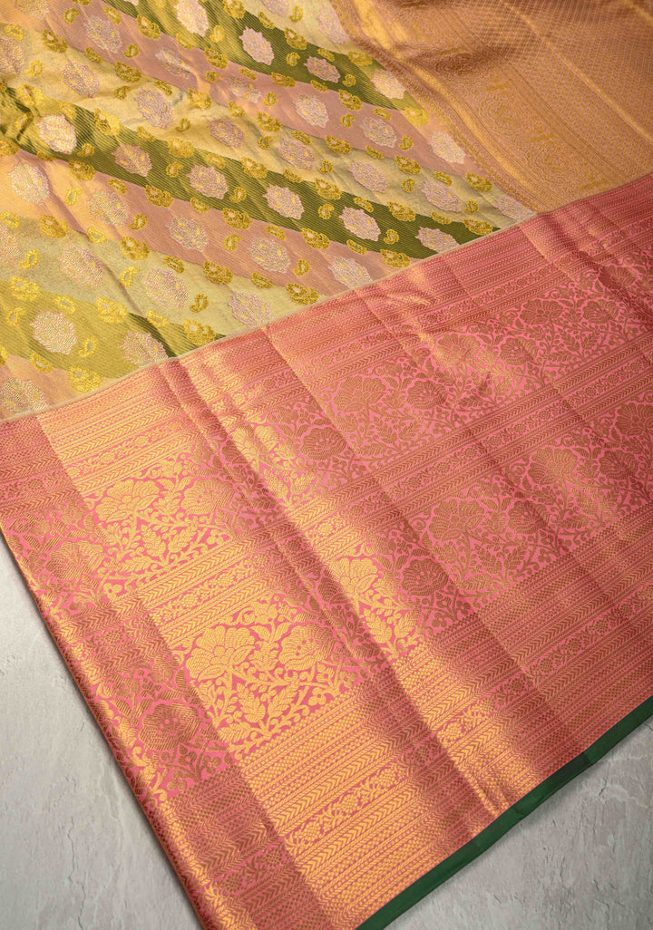 Pink-Green-Gold Rangkaat Style  Pure Kanjivaram Tissue Silk Saree with Diagonal Pattern and Wide Zari Border | SILK MARK CERTIFIED
