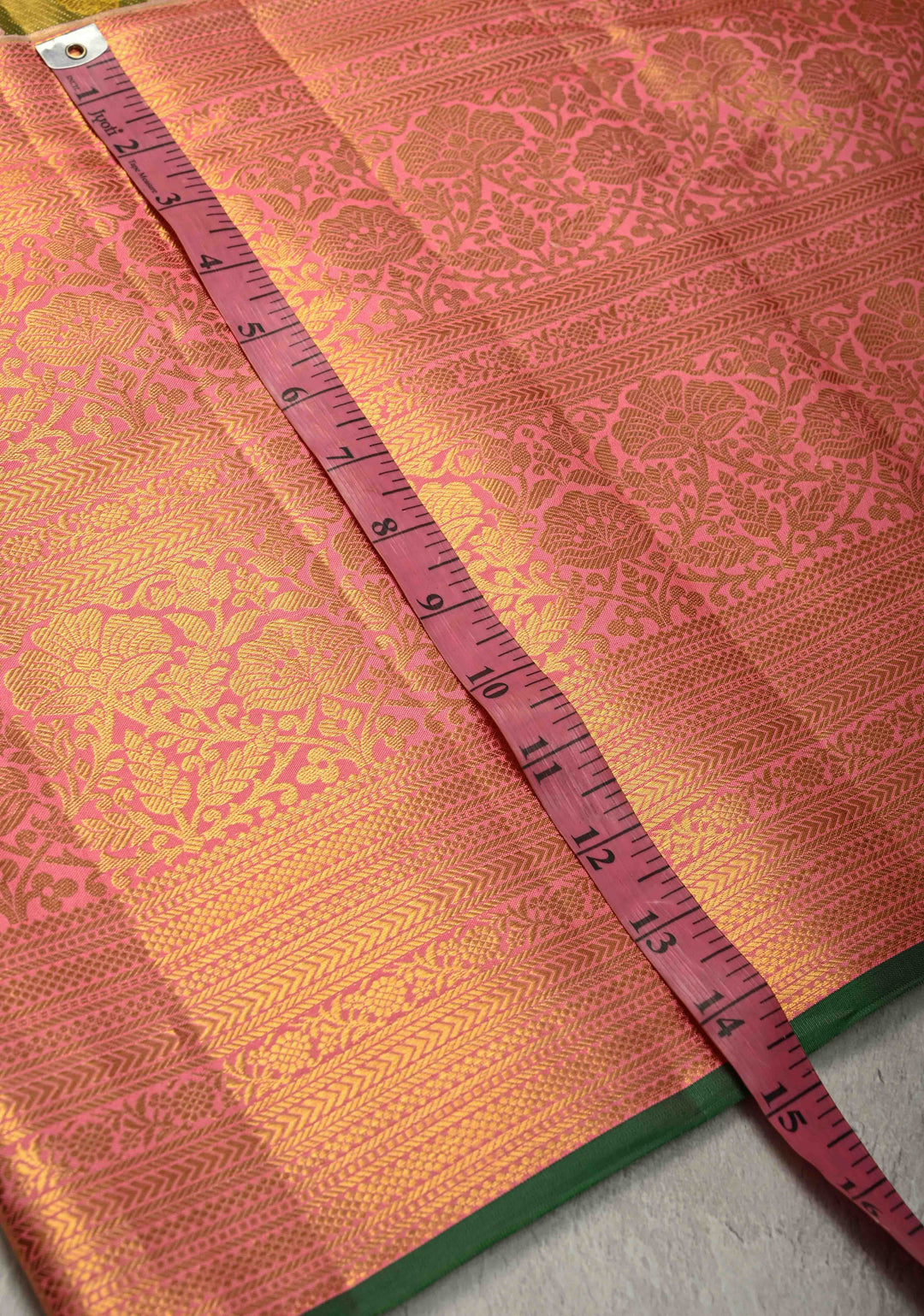 Pink-Green-Gold Rangkaat Style  Pure Kanjivaram Tissue Silk Saree with Diagonal Pattern and Wide Zari Border | SILK MARK CERTIFIED