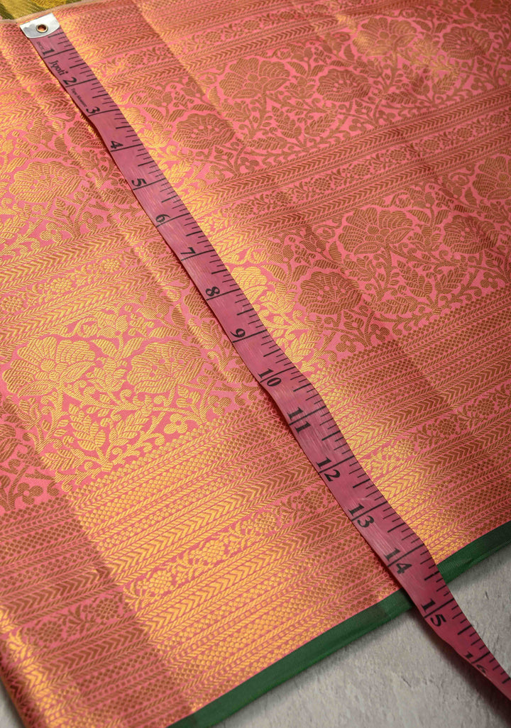 Pink-Green-Gold Rangkaat Style  Pure Kanjivaram Tissue Silk Saree with Diagonal Pattern and Wide Zari Border | SILK MARK CERTIFIED
