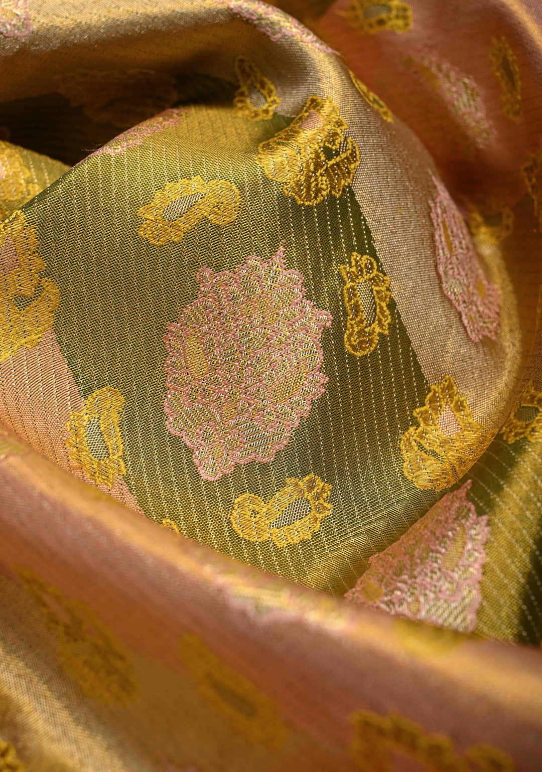 Pink-Green-Gold Rangkaat Style  Pure Kanjivaram Tissue Silk Saree with Diagonal Pattern and Wide Zari Border | SILK MARK CERTIFIED