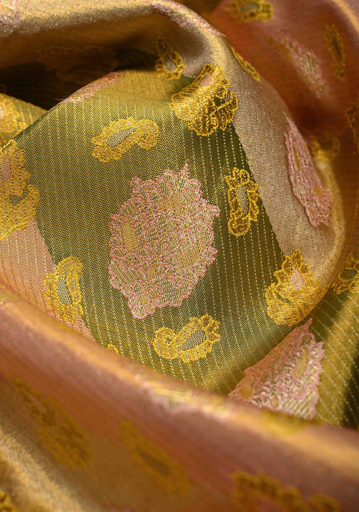 Pink-Green-Gold Rangkaat Style  Pure Kanjivaram Tissue Silk Saree with Diagonal Pattern and Wide Zari Border | SILK MARK CERTIFIED