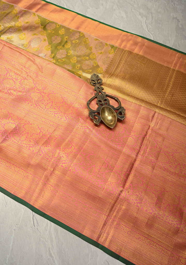 Pink-Green-Gold Rangkaat Style  Pure Kanjivaram Tissue Silk Saree with Diagonal Pattern and Wide Zari Border | SILK MARK CERTIFIED