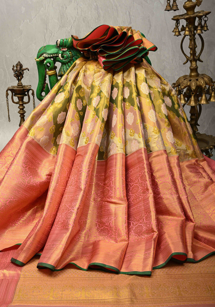 Pink-Green-Gold Rangkaat Style  Pure Kanjivaram Tissue Silk Saree with Diagonal Pattern and Wide Zari Border | SILK MARK CERTIFIED