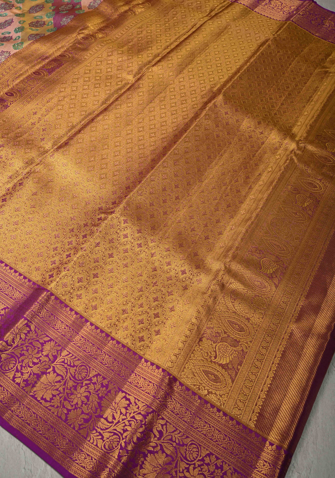 Purple-pink Rangkaat Style with Floral Buttas on Pure Kanjivaram Silk Saree with Diagonal Stripes and Zari Border | SILK MARK CERTIFIED