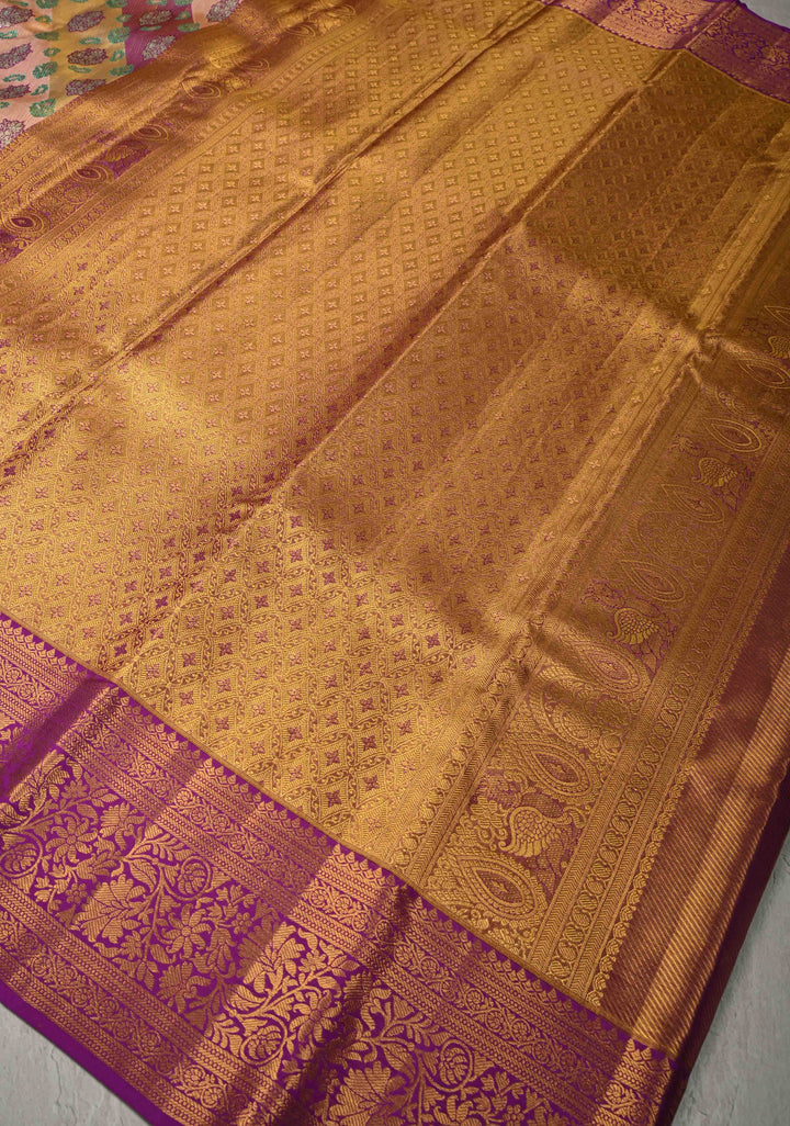Purple-pink Rangkaat Style with Floral Buttas on Pure Kanjivaram Silk Saree with Diagonal Stripes and Zari Border | SILK MARK CERTIFIED