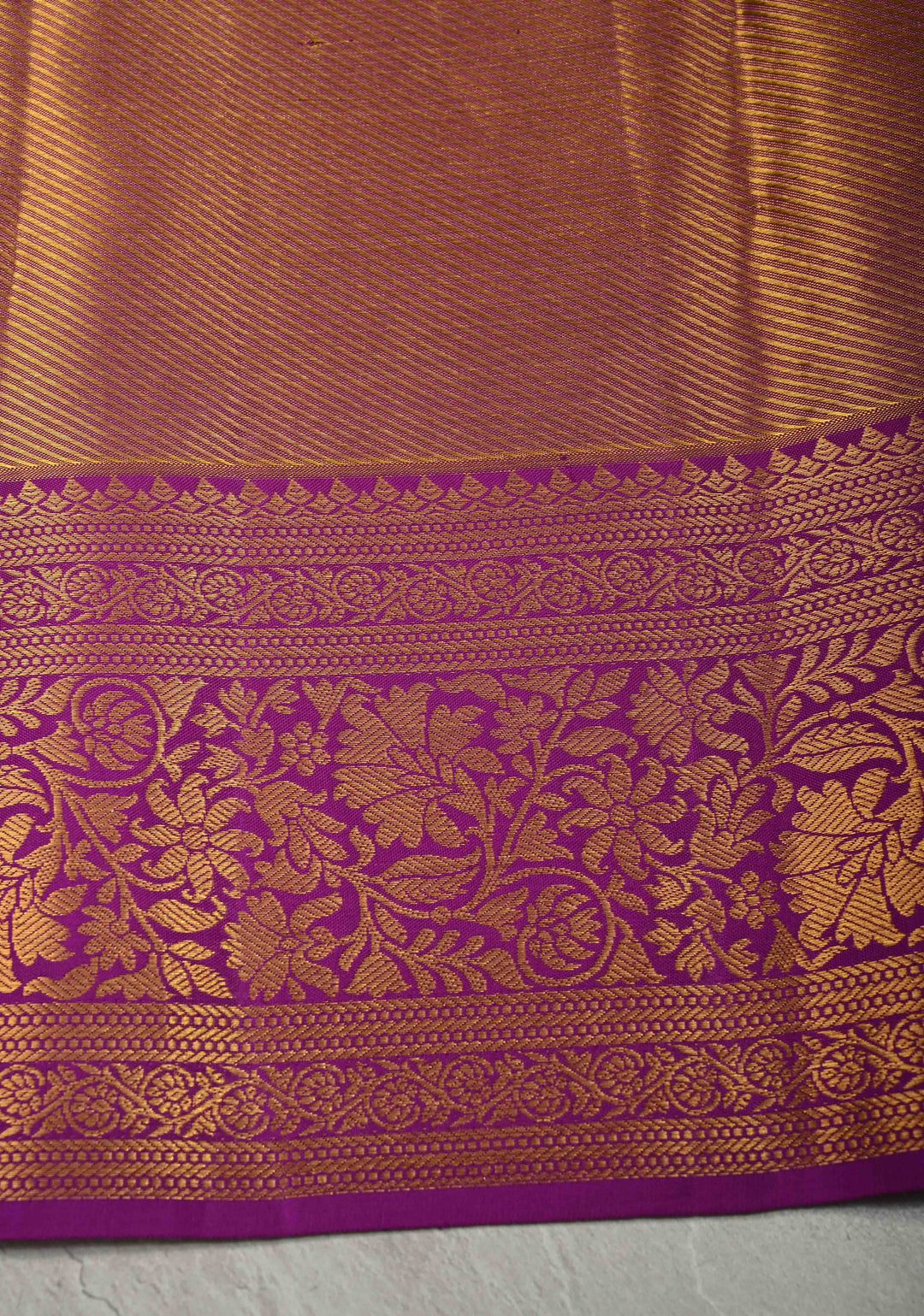 Purple-pink Rangkaat Style with Floral Buttas on Pure Kanjivaram Silk Saree with Diagonal Stripes and Zari Border | SILK MARK CERTIFIED