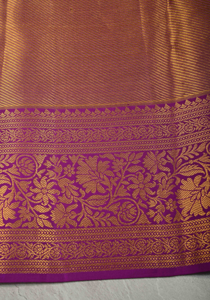 Purple-pink Rangkaat Style with Floral Buttas on Pure Kanjivaram Silk Saree with Diagonal Stripes and Zari Border | SILK MARK CERTIFIED
