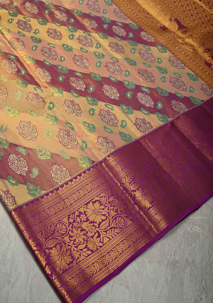 Purple-pink Rangkaat Style with Floral Buttas on Pure Kanjivaram Silk Saree with Diagonal Stripes and Zari Border | SILK MARK CERTIFIED