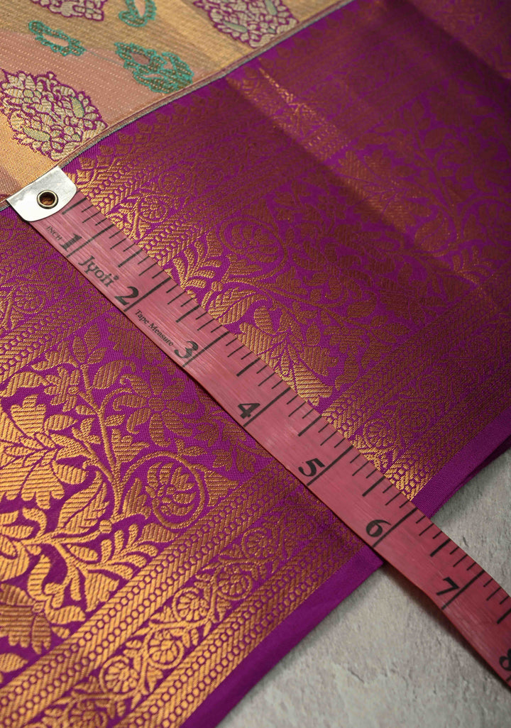 Purple-pink Rangkaat Style with Floral Buttas on Pure Kanjivaram Silk Saree with Diagonal Stripes and Zari Border | SILK MARK CERTIFIED