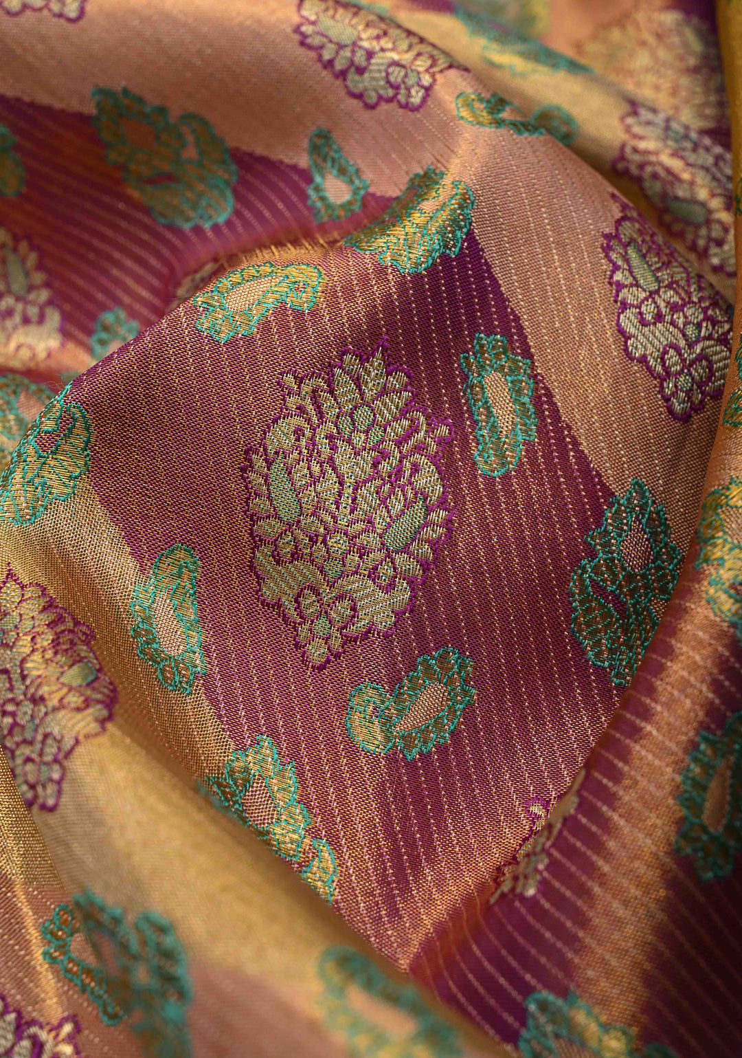 Purple-pink Rangkaat Style with Floral Buttas on Pure Kanjivaram Silk Saree with Diagonal Stripes and Zari Border | SILK MARK CERTIFIED