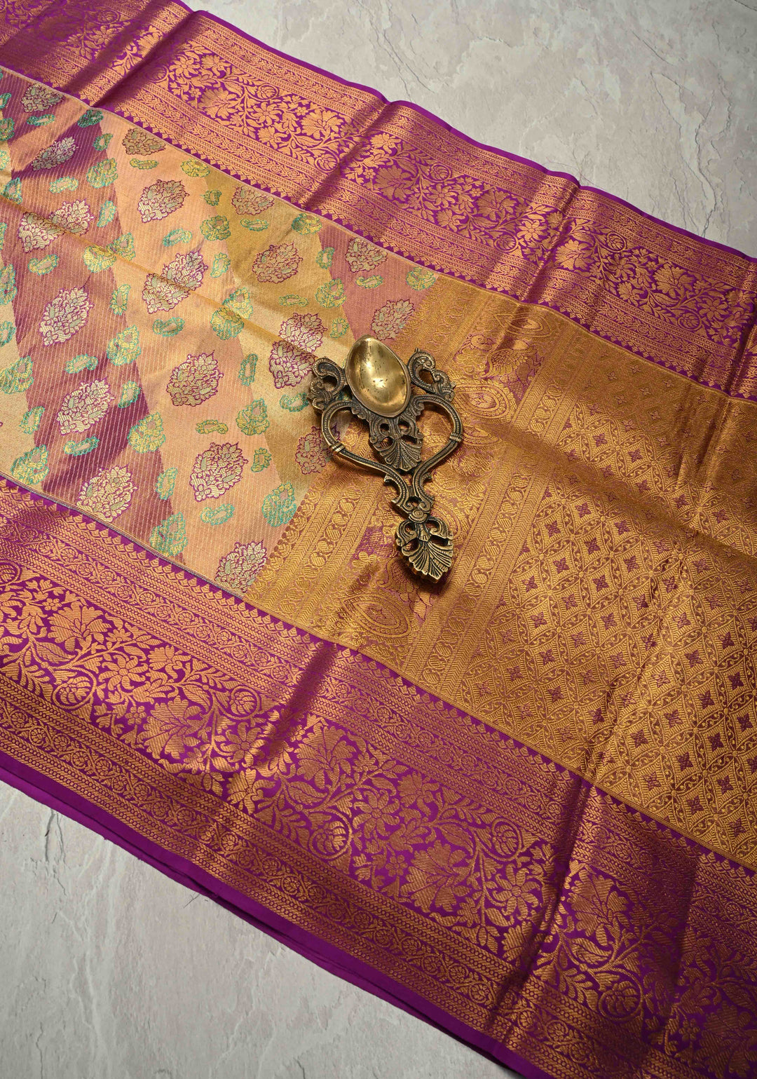 Purple-pink Rangkaat Style with Floral Buttas on Pure Kanjivaram Silk Saree with Diagonal Stripes and Zari Border | SILK MARK CERTIFIED