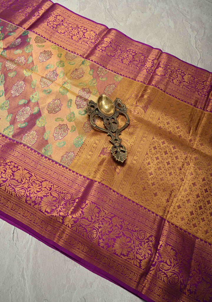 Purple-pink Rangkaat Style with Floral Buttas on Pure Kanjivaram Silk Saree with Diagonal Stripes and Zari Border | SILK MARK CERTIFIED