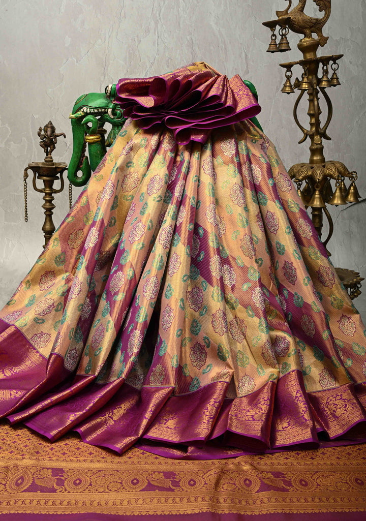 Purple-pink Rangkaat Style with Floral Buttas on Pure Kanjivaram Silk Saree with Diagonal Stripes and Zari Border | SILK MARK CERTIFIED