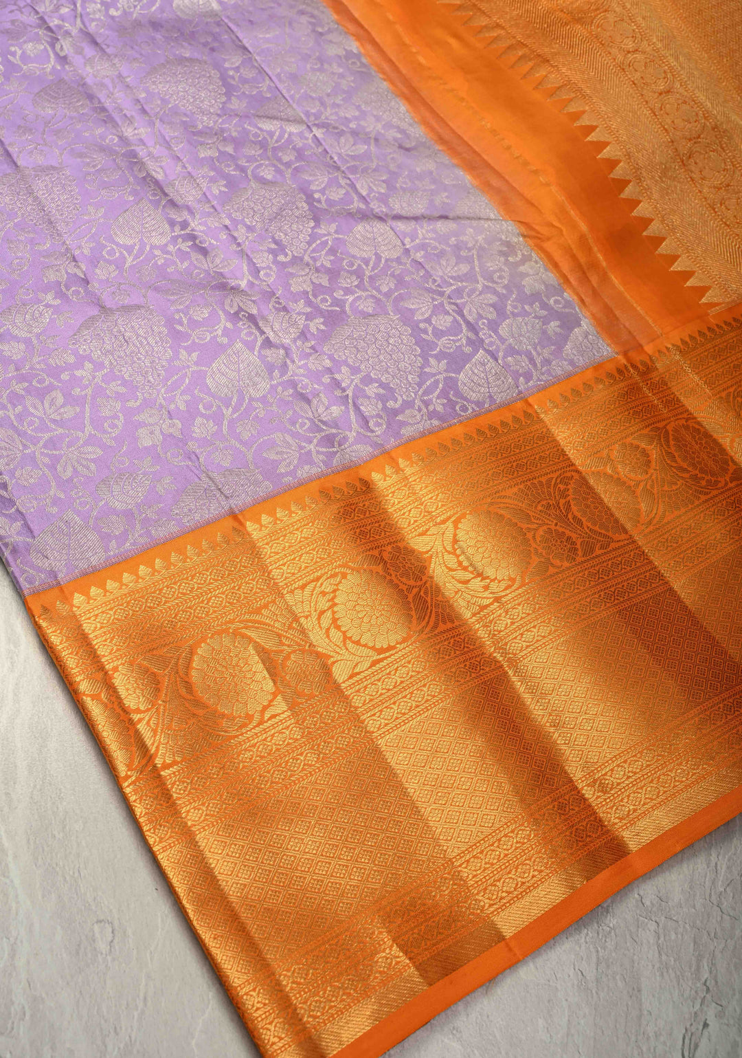 Lilac Pure Kanjivaram Silk Saree with Floral Zari Brocade Jaal and Contrast Zari Border | SILK MARK CERTIFIED