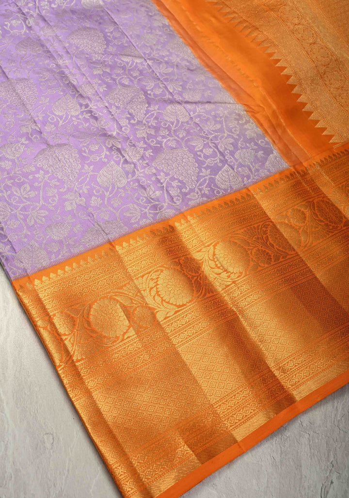 Lilac Pure Kanjivaram Silk Saree with Floral Zari Brocade Jaal and Contrast Zari Border | SILK MARK CERTIFIED
