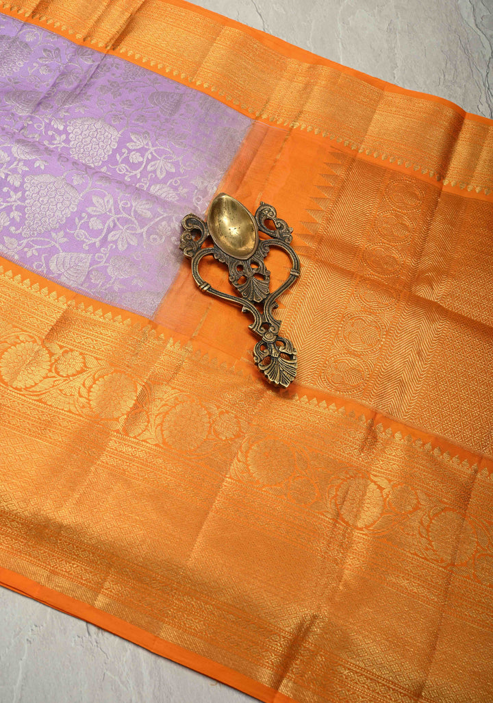 Lilac Pure Kanjivaram Silk Saree with Floral Zari Brocade Jaal and Contrast Zari Border | SILK MARK CERTIFIED