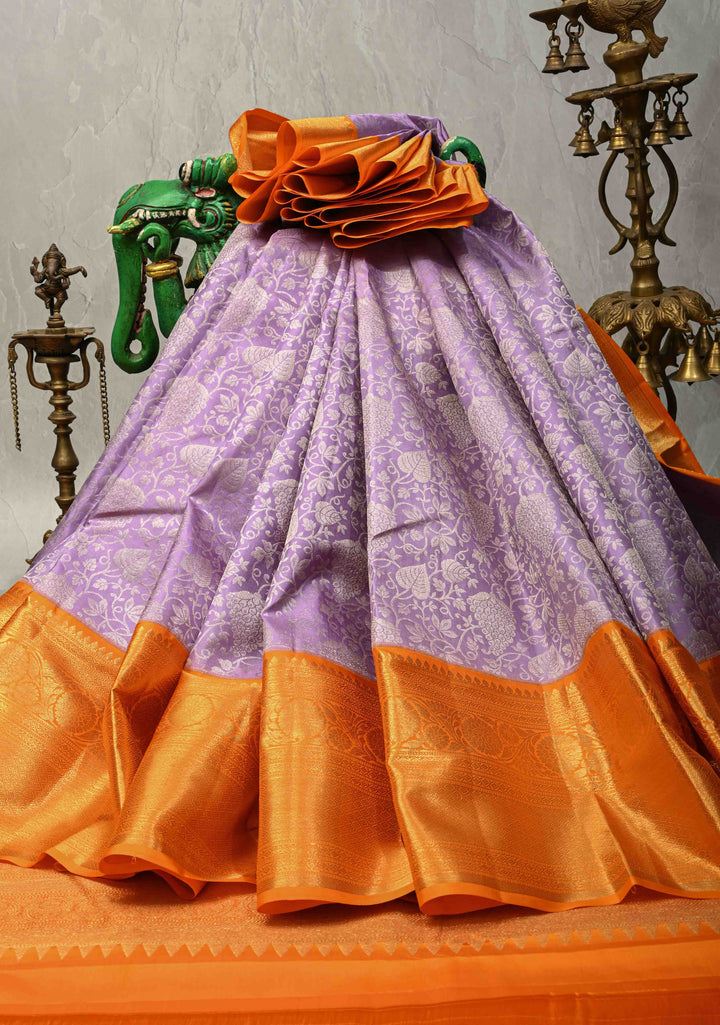 Lilac Pure Kanjivaram Silk Saree with Floral Zari Brocade Jaal and Contrast Zari Border | SILK MARK CERTIFIED