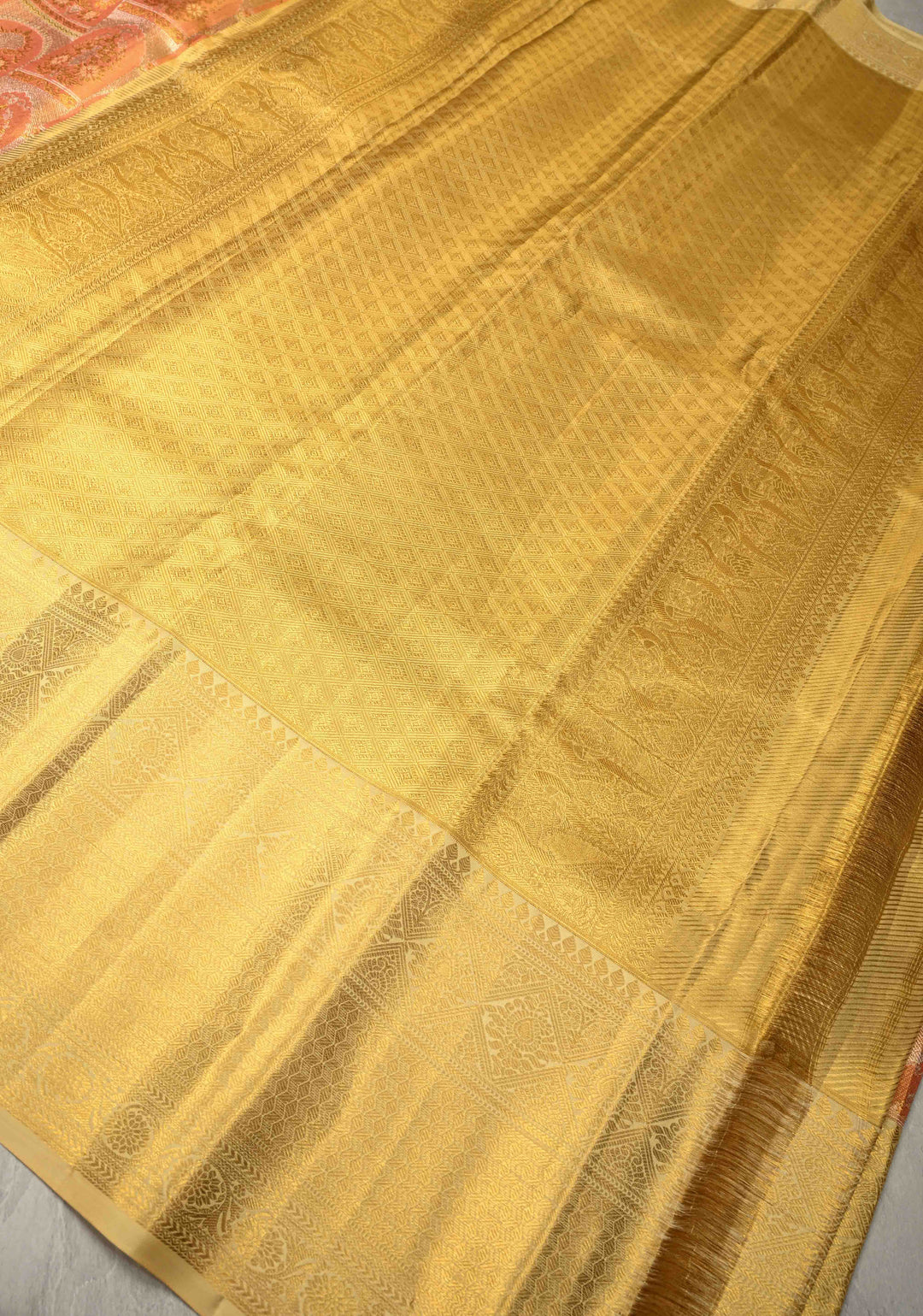 Salmon Pink Pure Kanjivaram Tissue Silk Saree with Meenakari Mughal Design Brocade and Zari Border | SILK MARK CERTIFIED