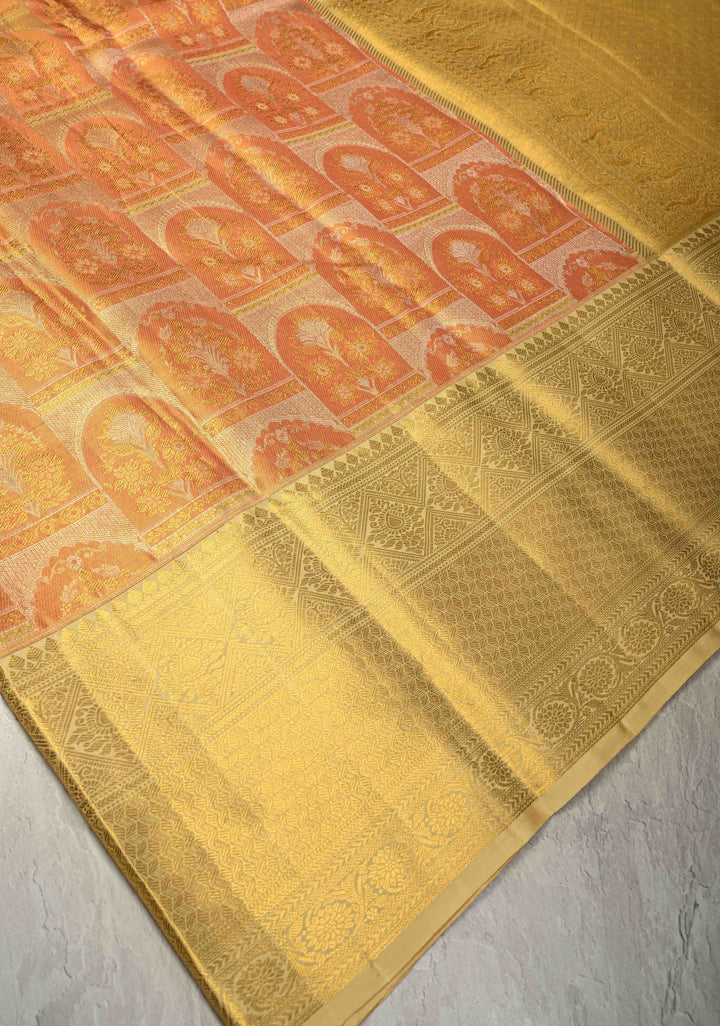 Salmon Pink Pure Kanjivaram Tissue Silk Saree with Meenakari Mughal Design Brocade and Zari Border | SILK MARK CERTIFIED