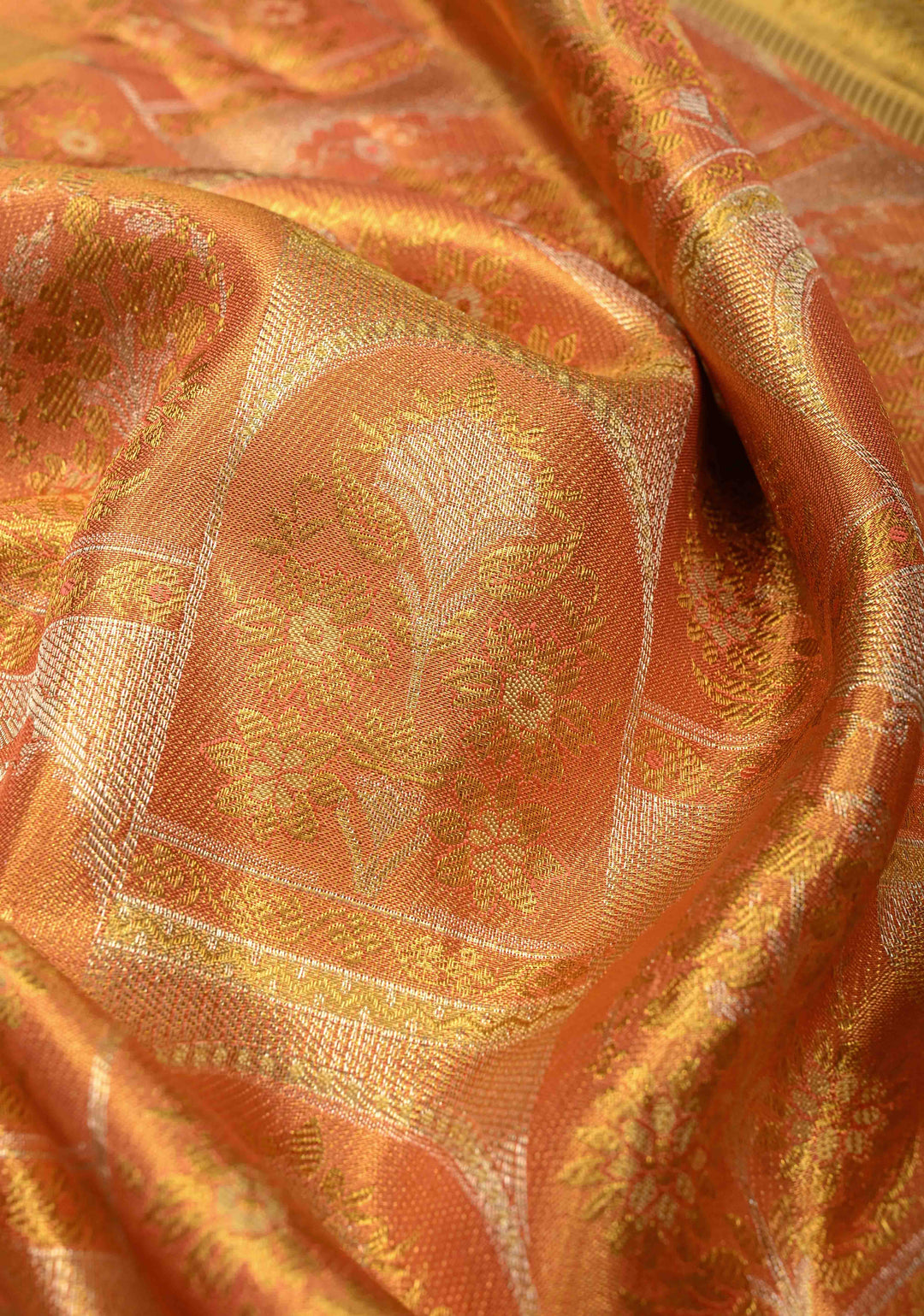 Salmon Pink Pure Kanjivaram Tissue Silk Saree with Meenakari Mughal Design Brocade and Zari Border | SILK MARK CERTIFIED