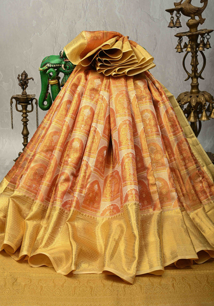 Salmon Pink Pure Kanjivaram Tissue Silk Saree with Meenakari Mughal Design Brocade and Zari Border | SILK MARK CERTIFIED