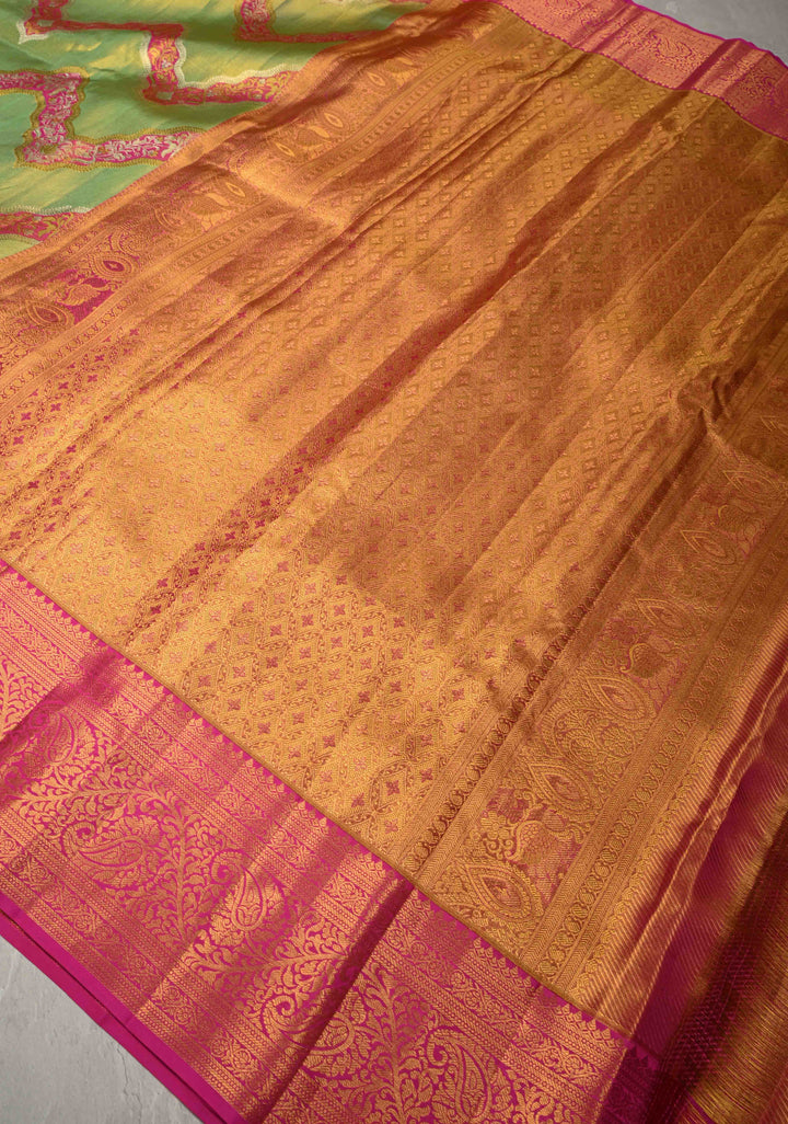 Green Pure Kanjivaram Tissue Silk Saree with Meenakari Leheria Design Zari Border | SILK MARK CERTIFIED