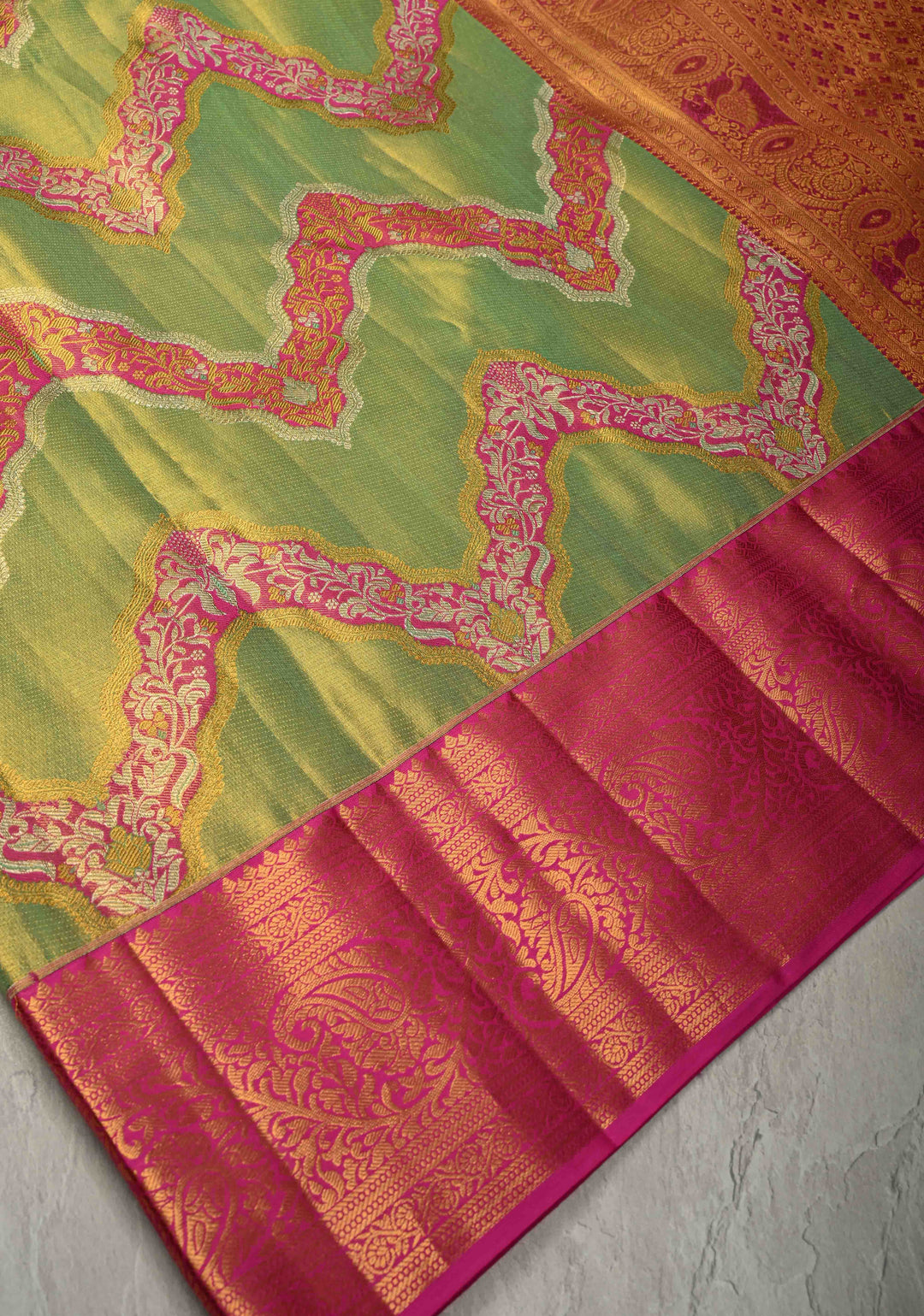 Green Pure Kanjivaram Tissue Silk Saree with Meenakari Leheria Design Zari Border | SILK MARK CERTIFIED