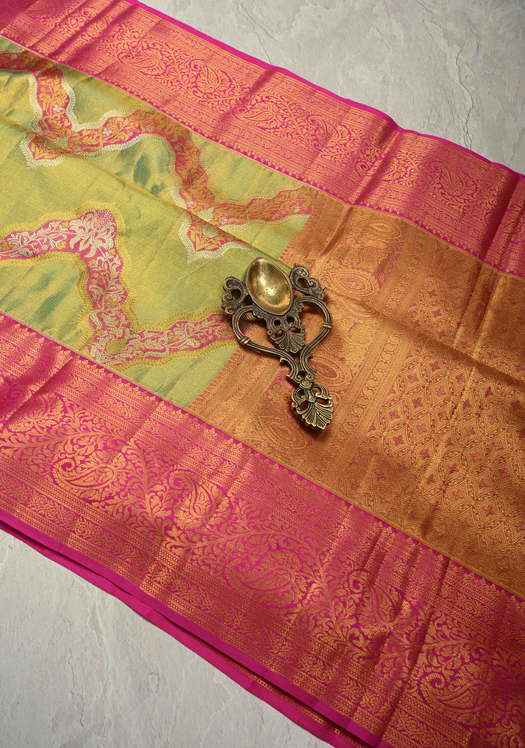 Green Pure Kanjivaram Tissue Silk Saree with Meenakari Leheria Design Zari Border | SILK MARK CERTIFIED