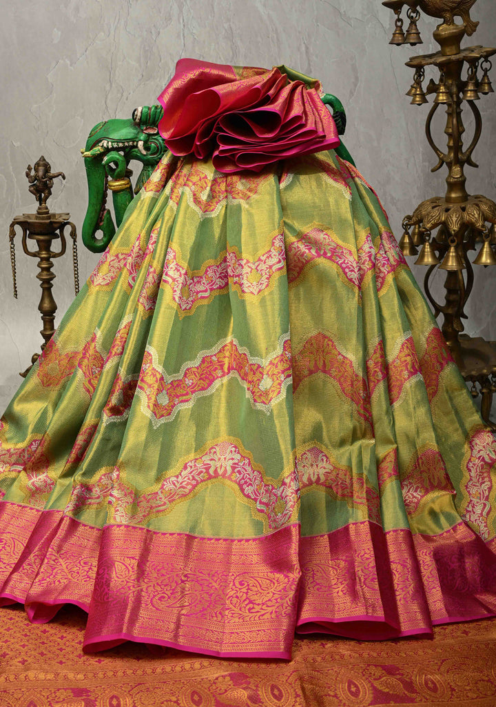 Green Pure Kanjivaram Tissue Silk Saree with Meenakari Leheria Design Zari Border | SILK MARK CERTIFIED