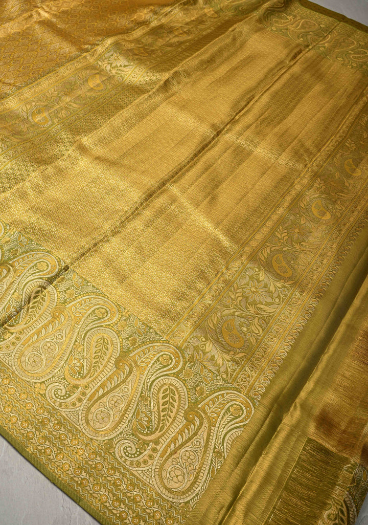 Gold Pure Kanjivaram Tissue Silk Saree with Geomatric Brocade and Contrast Meenakari Paisley Zari Border | SILK MARK CERTIFIED