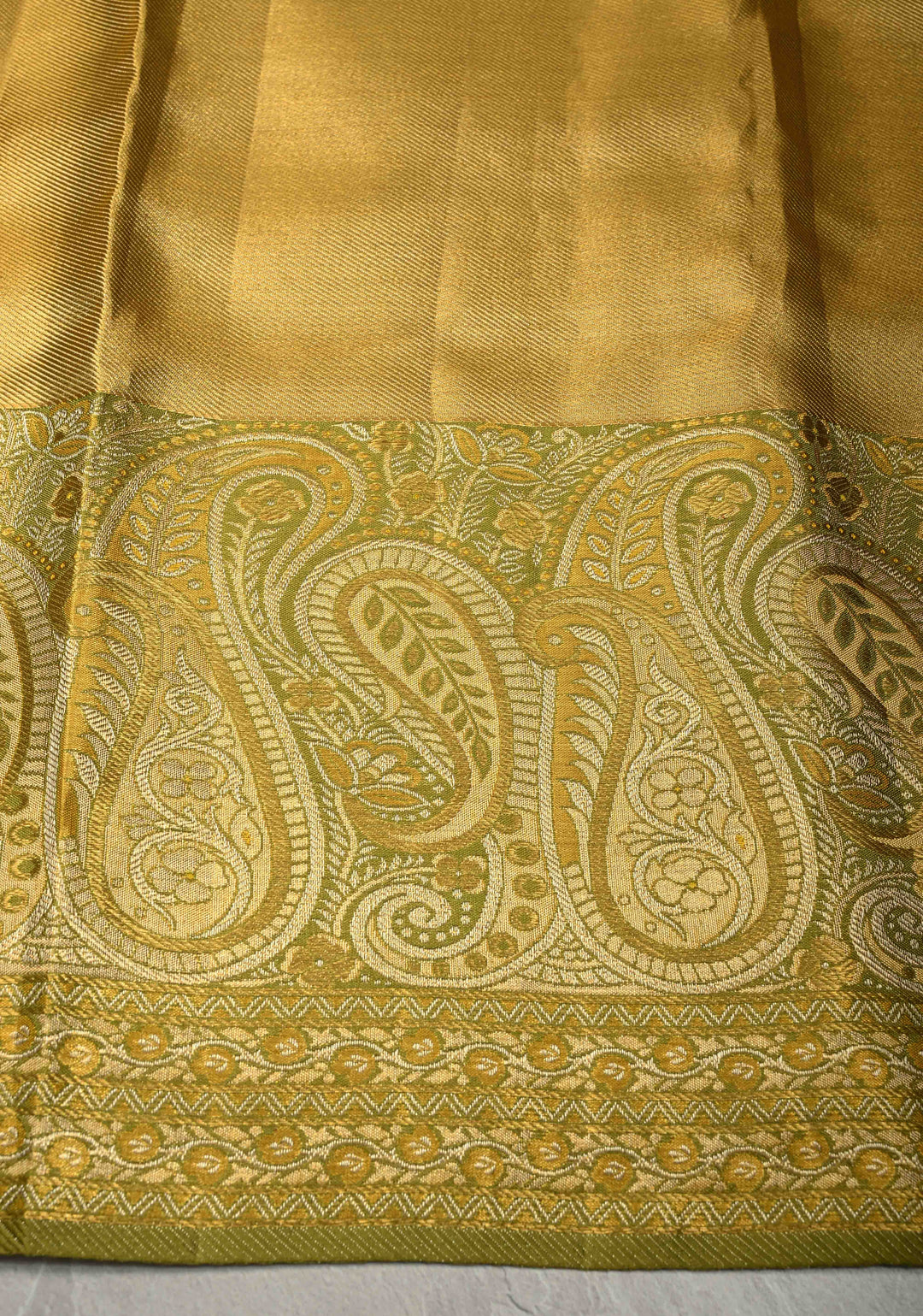 Gold Pure Kanjivaram Tissue Silk Saree with Geomatric Brocade and Contrast Meenakari Paisley Zari Border | SILK MARK CERTIFIED