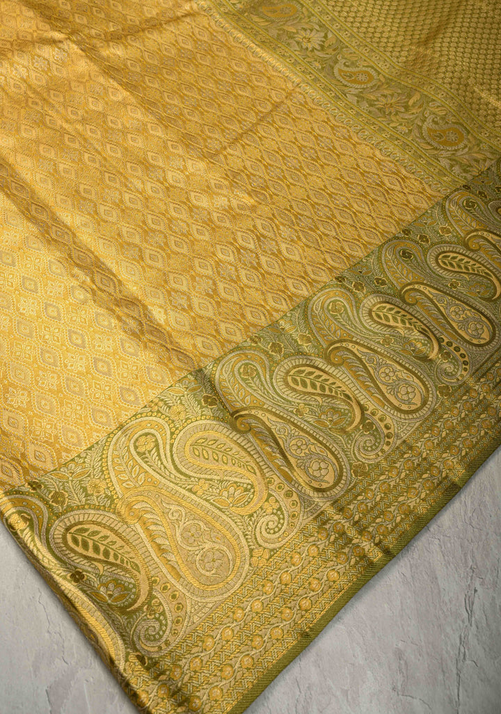 Gold Pure Kanjivaram Tissue Silk Saree with Geomatric Brocade and Contrast Meenakari Paisley Zari Border | SILK MARK CERTIFIED