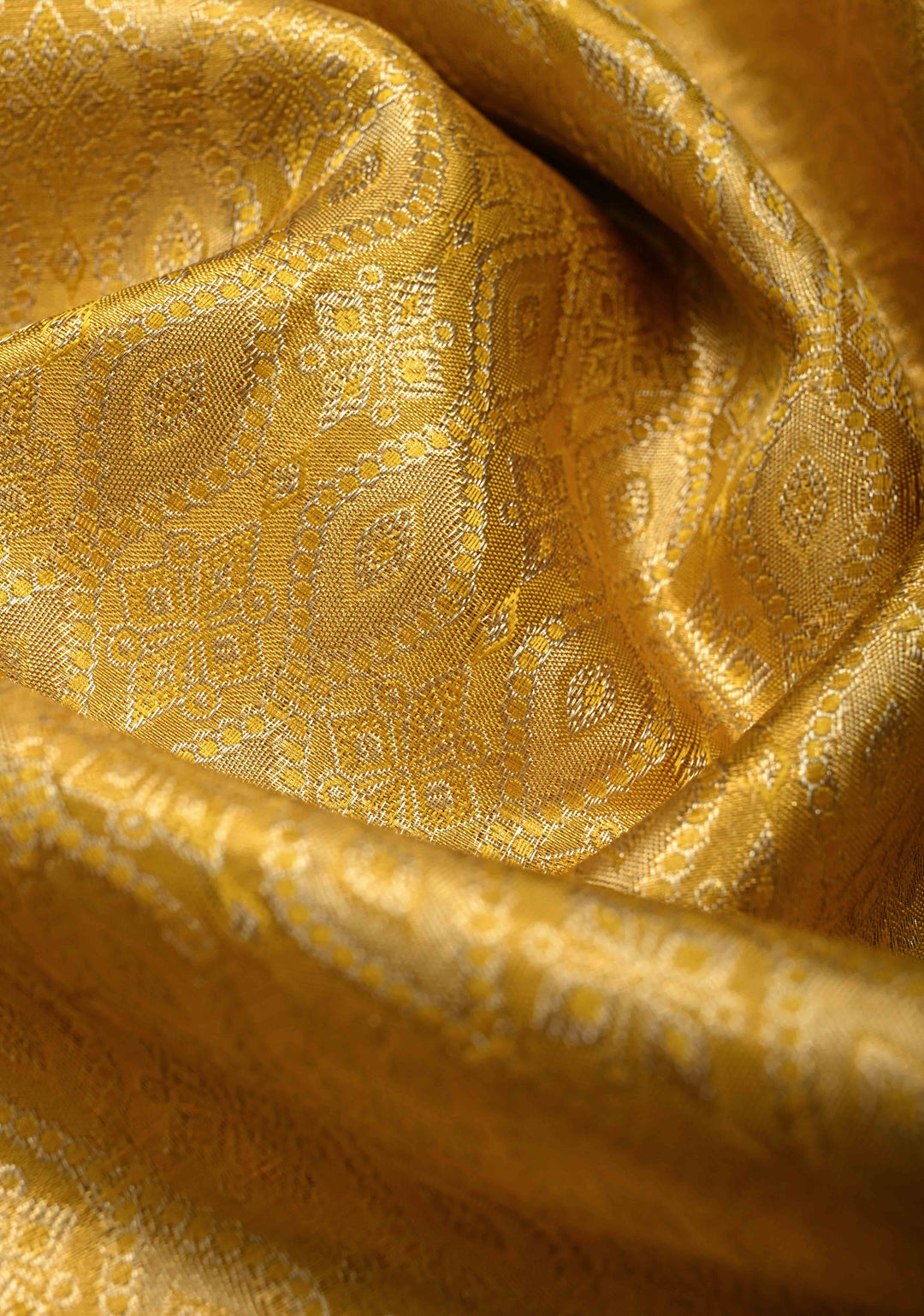 Gold Pure Kanjivaram Tissue Silk Saree with Geomatric Brocade and Contrast Meenakari Paisley Zari Border | SILK MARK CERTIFIED