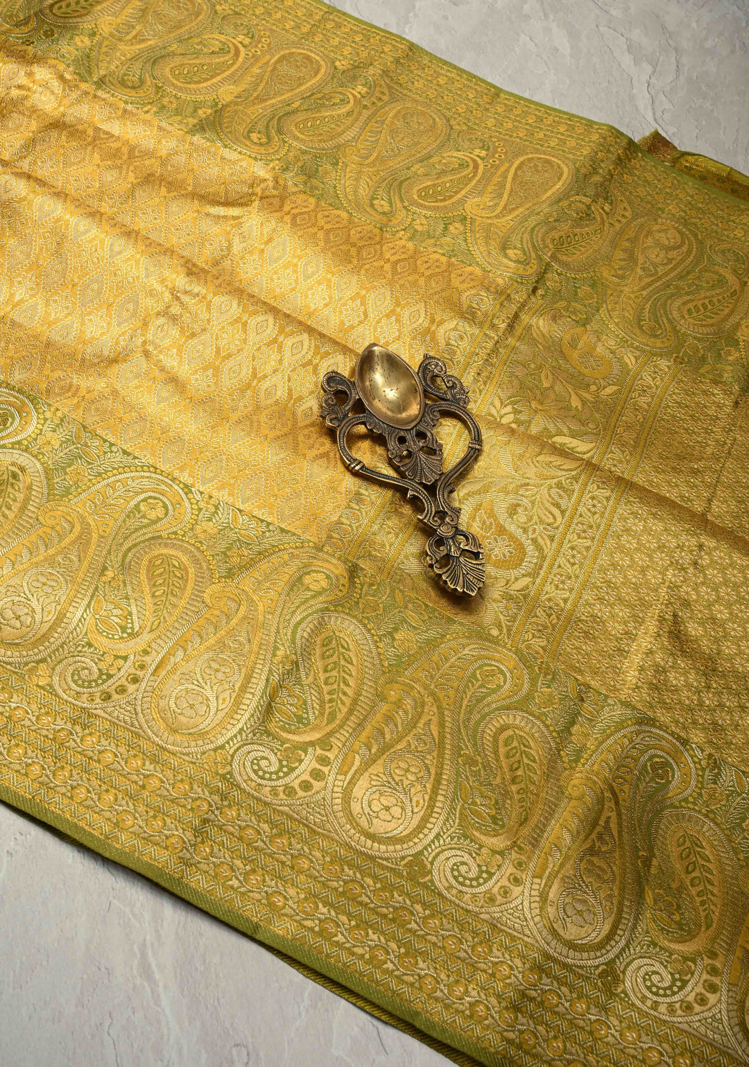 Gold Pure Kanjivaram Tissue Silk Saree with Geomatric Brocade and Contrast Meenakari Paisley Zari Border | SILK MARK CERTIFIED