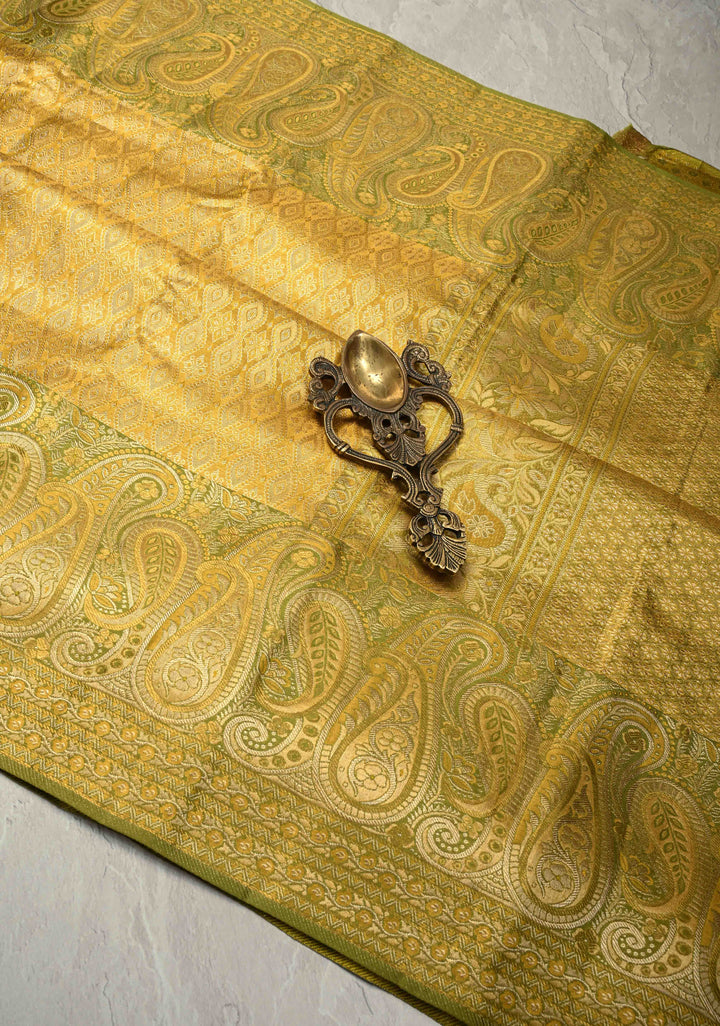 Gold Pure Kanjivaram Tissue Silk Saree with Geomatric Brocade and Contrast Meenakari Paisley Zari Border | SILK MARK CERTIFIED
