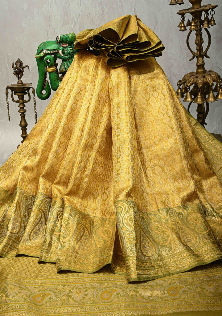 Gold Pure Kanjivaram Tissue Silk Saree with Geomatric Brocade and Contrast Meenakari Paisley Zari Border | SILK MARK CERTIFIED
