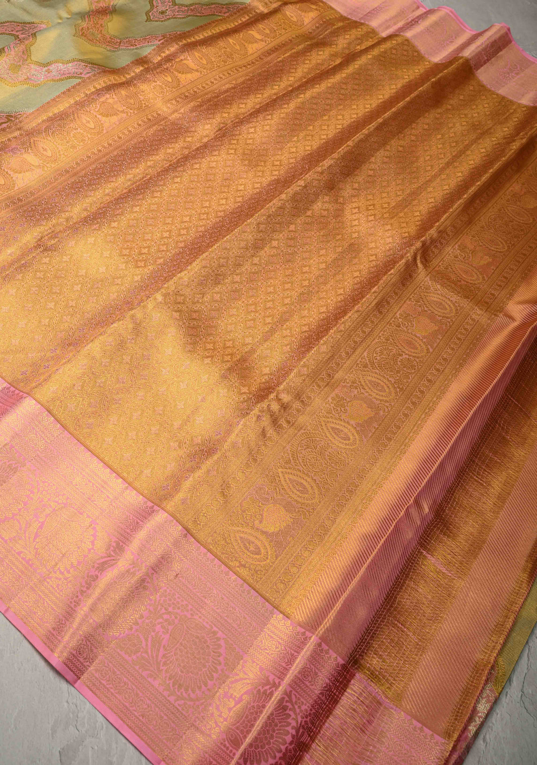 Green Pure Kanjivaram Tissue Silk Saree with Meenakari Leheria Design and Contrast Zari Border | SILK MARK CERTIFIED
