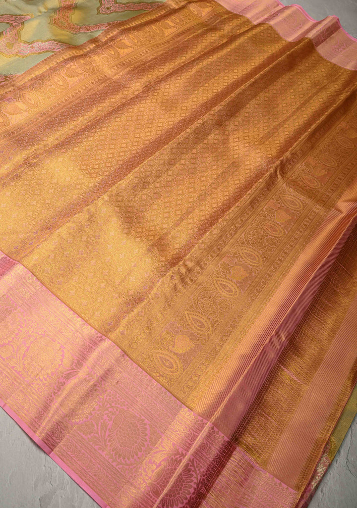 Green Pure Kanjivaram Tissue Silk Saree with Meenakari Leheria Design and Contrast Zari Border | SILK MARK CERTIFIED