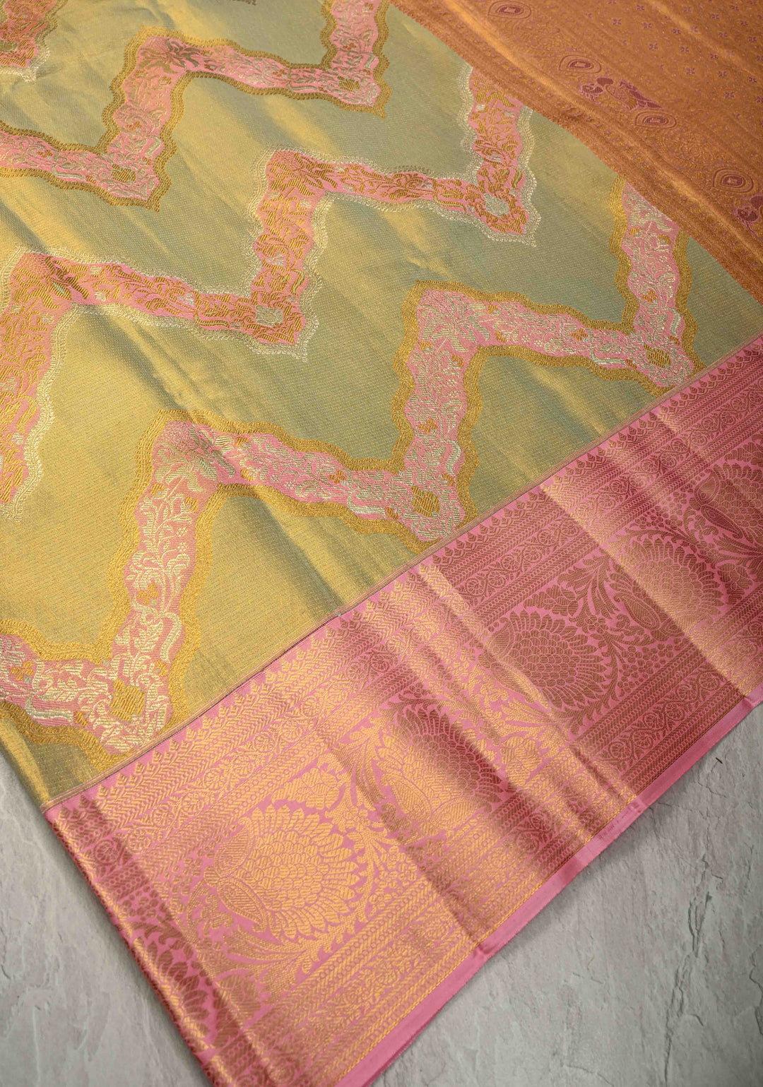 Green Pure Kanjivaram Tissue Silk Saree with Meenakari Leheria Design and Contrast Zari Border | SILK MARK CERTIFIED