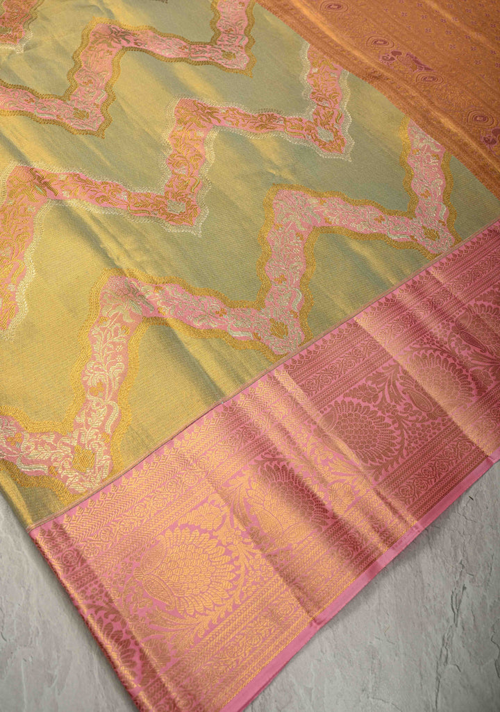 Green Pure Kanjivaram Tissue Silk Saree with Meenakari Leheria Design and Contrast Zari Border | SILK MARK CERTIFIED