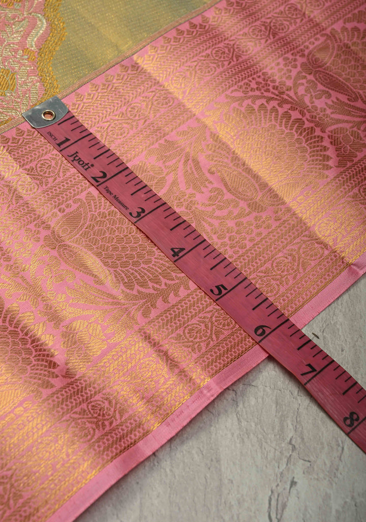 Green Pure Kanjivaram Tissue Silk Saree with Meenakari Leheria Design and Contrast Zari Border | SILK MARK CERTIFIED